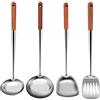 Tiamu Wok Spatola e Mestolo, spatola per wok in acciaio inossidabile in metallo 4 pezzi, extra lunghi, Maniglia in Legno Resistente al, mestolo per zuppa, Mestolo a fessura