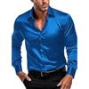 Generisch Camicia da uomo in raso di seta lucida tinta unita con maniche lunghe elasticizzate Camicia con colletto alto da uomo, Blu, L