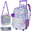 HTgroce Zaino Bambina Trolley Elementare Zaino Scuola Trolley Bambina, 3 in 1 Borse e Sacchetto Portapenne Zaino Viola