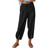 Yutdeng Pantaloni Estivi da Donna 7/8 a Gamba Larga Pantaloni Larghi in Cotone e Lino Pantaloni Casual Vita Elastica con Coulisse Pantaloni Leggeri con Tasche e Bottoni Harem Pants,Nero,XL