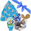 NARAMAKI Idee Regalo Bimbo |Primavera - Uovo di Pasqua Bimbo al Latte 150g (Senza Glutine) + Sacca Porta Cioccolatini Coniglietto Azzurro +100gr Ovetti Pasquali - Regalo Maschio