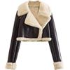 Generic Giacca in pelle da donna con colletto in pelliccia invernale caldo cappotto a maniche lunghe motociclista giacca corta invernale calda con cintura cappotto in montone, Caff, XS