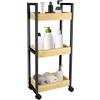 WODFARR Carrello da bagno, mensola sottile da bagno, carrello portaoggetti a 3 livelli su ruote, gambe in ferro + cestino in legno, salvaspazio, 20 x 30 x 80 cm (nero)