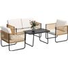 Outsunny Set da Giardino 4 Pezzi in Rattan e Acciaio con Divanetto, 2 Poltrone da Esterno e Tavolino Basso, Multicolore