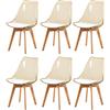EGGREE Set di 6 Sedie da Pranzo Scandinave Testate SGS per Sedie da Ristorante con Schienale Trasparente Marrone e Gambe in Legno Massiccio di Faggio, Cuscino in Pelle PU Bianco