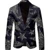 Roobeety Giacca con glitter da uomo, stampa lucida, con risvolto con brillantini, a maniche lunghe, elegante, per feste e feste, Blu marino, L