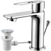 Tayqwiheva Rubinetto da bagno con asta di trazione, miscelatore monocomando per lavabo con gruppo di scarico, cromato, miscelatore monocomando per lavabo, rubinetteria da bagno, miscelatore per lavabo da bagno