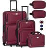Juskys Set valigia trolley 5 pezzi - 60 litri, 2 ruote, guscio morbido, tessuto idrorepellente, leggero, bagaglio a mano - Valigia bordeaux