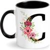 Tarklanda Tazze con Iniziale Tazza da caffè Tazza Personalizzata con Lettere Floreale Tazza in Ceramica Nera Tazza Nome Iniziale Regali Personali per Donne per Natale, Compleanno, San Valentino (C)