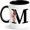 Tarklanda Tazze con Iniziale Tazza da caffè Tazza Personalizzata con Lettere Floreale Tazza in Ceramica Nera Tazza Nome Iniziale Regali Personali per Donne per Natale, Compleanno, San Valentino (M)
