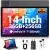 TIGERFU Tablet 14 Pollici, Android 14 Tablet con Sim, 36GB RAM+256GB ROM(TF 1TB), 4G LTE+5G/2.4G WiFi,Octa-Core,8MP+13MP,11580mAh, 1920 * 1200 FHD, 4 Speakers, GPS, Tab con Penna/Custodia (Grigio)