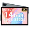 LEVIRTU Tablet 14 Pollici Android 14 tablet, 256 GB ROM(Expand to 2TB),36 GB(12+24) RAM, Octa-Core 2.0GHz, 2000 * 1200 FHD 4 Speakers, 4G LTE/5G WiFi, 11580 mAh Battery, Con Custodia, Penna,Grigio