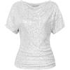 Generisch Maglietta da donna con brillantini, a maniche corte, con collo a cascata, camicetta lunga, taglie grandi, elegante, per Capodanno, festival, rave, bella maglietta a maniche corte, bianco, S