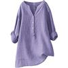 Generic Lino 2025 Camicie da Donna Button Down Alto Basso Primavera Top in Cotone Asimmetrico Estate Casual Abito carino Manica 3/4 Manica arrotolata Western Club Vestiti Collo Stand Collo a V Solido, Viola,
