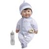 JC TOYS - Bambola Sindrome di Down La Baby da 40 cm, corpo morbido e lavabile, capelli castani, biberon magico e ciuccio, grigio e bianco, progettato in Spagna, +12 mesi