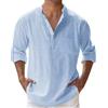Beokeuioe Camicia da uomo in cotone e lino, a maniche lunghe, comoda, casual, da uomo, con bottoni, a collo alto, tinta unita, per il tempo libero, Blu, L