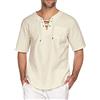 DFWY T-Shirt Moda Uomo Taglie Forti T-Shirt in Lino di Cotone, Camicia con Lacci A Maniche Corte Pirata Medievale Vichinga, Camicetta Casual da Vacanza Estiva con Scollo A V da Spiaggia