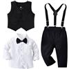Baby Amabc Set da 5 pezzi con gilet formale per bambini, per feste di nozze, camicia a maniche lunghe, papillon, gilet, pantaloni con bretelle, 5 pezzi, Bianco e nero, 18-24 Months