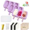 Obcarn 3 Pezzi Stampi per Ghiaccioli in Silicone, Stampi Gelato Grandi con Coperchi, Stampo per Gelati Viola, Stampi Magnum con 100 Bastoncini per Ghiaccioli 100 Buste 100 Filo di imballaggio e 100 Adesivi