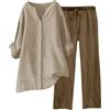 Generico Completo di Lino Donna 2 Pezzi Pantalone Lungo Estivo Tuta Elegante Completo Casual Set Estiva Camicia e Pantaloni Cotone Completi Leggera Comodi Tute Curvy Taglie Forti