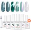 Modelones Smalto Semipermanente Unghie Verde - Cat Eye Gel Magnetico Glitter 6 Colori Hema-free per Unghie Nail Art French Polish Kit Professionale
