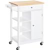 HOMCOM Carrello da Cucina Salvaspazio in MDF con Piano di Lavoro in Legno di Gomma, Cassetto, Armadietto, 3 Mensole, Ripiani Regolabili, Porta Strofinacci e Ruote Girevole, 66x39.5x86.5cm, Bianco