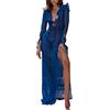 QWUVEDS Abito estivo trasparente e bello, con scollo a V e spacco laterale, per donna, vestito fasciatoio, estivo, per donna, maxi gonna, lunga, Blu, S