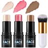 ELALRAU Contouring Viso Stick, 3 Pezzi Bronzer Blush Sticks con pennello, Contour Highlighter, Bacchetta di Bellezza per Fard, Impermeabile Leggero Stick di Trucco, Finitura Naturale Liscia A Lunga Durata (A)