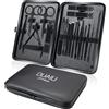 DUAIU set manicure professionale, 18 pezzi kit unghie nero in acciaio inox con custodia in pelle - Ideale regalo da viaggio per uomini e donna
