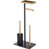 MSV - TEIKI Combinazione WC con supporto per smartphone - Portarotolo in bambù e acciaio + Scopino per WC + Supporto per 3 rotoli di ricambio - 67 x 29,5 x 20 cm - Nero