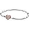 PANDORA Icons Bracciale in argento in maglia snake con chiusura a forma di cuore placcata in oro rosa 14 carati e zirconi cubici trasparenti, 18