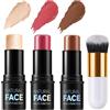 ELALRAU Contouring Viso Stick, 3 Pezzi Bronzer Blush Sticks con pennello, Contour Highlighter, Bacchetta di Bellezza per Fard, Impermeabile Leggero Stick di Trucco, Finitura Naturale Liscia A Lunga Durata (D