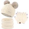 Bequemer Laden Bambino Bambina Invernale Termico Cappello Berretto Beanie con Pompom Sciarpa Scaldacollo in Maglia Guanti Touch Screen Set per 3-10 Anni Bambini