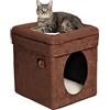 MidWest Homes for Pets Feline Nuvo Curious Cat Cube, nascondiglio pieghevole con giocattolo, letto rinforzato, finta pelle scamosciata marrone, pelle di pecora sintetica