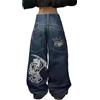 Suncadmious Jeans Larghi Eleganti da Donna con Tasche Pantaloni in Denim Ricamati con Teschio Vintage Hip Hop, Pantaloni a Vita Bassa Jeans Vintage a Gamba Dritta Hip Hop (Blu 1,S)