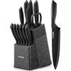 FOHERE Set di Coltelli da Cucina con Autoaffilante, 13 Pezzi, Coltelli da Cucina in Acciaio Inossidabile, Ceppo con Blocco in Plastica, Granito Nero