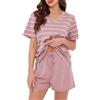 Lovasy Pigiama Donna Corto Cotone Set Pigiama Estivo a Maniche Corte Pigiama Due Pezzi a Righe Sleepwear con Scollo a V Pigiama da Casa Leggero con Tasche,A-Rosa,L