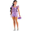 Barbie - Deluxe Style n. 8, bambola con top viola metallizzato e shorts scintillanti, capelli neri con treccia e accessori come gioielli e borsa inclusi, giocattolo per bambini, 4+ anni, JFP43