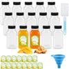 CoKeeSun 15 Bottiglie Vuote di Succo di Plastica, 250ml Bottiglie Succhi Riutilizzabili con Etichetta e Imbuto, Bottiglia per Bevande, Contenitore Trasparente per Bevande con Coperchio Neri
