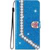 BLOTECH Ragazze Cristallo Diamante Caso per Huawei P Smart 2019 Fatto a Mano Bling Sparkle 3D Strass Catena di Perle e Pulsanti d'amore Speciale Portafoglio Glitter PU Custodia per Huawei P Smart 2019, blu