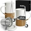 MIAMIO - Set di tazze da tè 2 x 500 ml con infusore e coperchio/Tazza da tè in ceramica con infusore e cucchiaio per la macerazione del tè in foglie, regali per gli amanti del tè (Marrone)