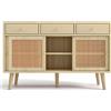 FC Credenza Cucina in Rattan, con 3 Cassetti e 3 Ante Scorrevoli, Credenza Soggiorno in Effetto Rovere, con Maniglie in Metallo Dorato | Aosom Italy