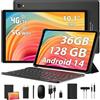 MIXLURE Android 14 Tablet 10 pollici, 36 GB RAM + 128 GB ROM, 5G WLAN e 4G LTE, Octa Core 2.0 GHz, 1920 x 1200FHD, 8000 mAh/13 MP + 8 MP/BT 5.0/GMS, Tablet con tastiera e mouse, ecc- Nero