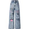 Happy Cherry Ragazze Jeans Strappati Gamba Larga Pantaloni Denim Comodi Jeans Cotone Primaverile Autunnale Casual Loose Fit Pants Blu Scuro con Tasche 13-14 Anni