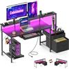Coleshome Scrivania Gaming con LED e Prese, 140x48cm Scrivania con 2 Cassetti, Tavolo Computer Reversibile con Supporto Monitor e Vassoio per Tastiera Ufficio Casa, Nero