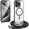 Oelrstfe Cover per iPhone 15 Pro Max con Cordino, Compatibile con Magsafe, Trasparente Silicone Custodia con Regolabile Laccio Tracolla, Aesthetic Magnetica Antiurto case con Tracolla, Nero