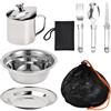 volumoon 8 Pezzi Set di Stoviglie da Campeggio, Set di Stoviglie in Acciaio Inossidabile, con Cucchiaio Coltello Forchetta Tazza Ciotola Piatto Borsa Organizer Portatile Borsa Rete per Picnic Viaggio