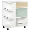 HOMCOM Credenza da cucina, carrello di servizio, rotelle girevoli a 360°, ripiani con barriere, isola da centro cucina, con cassetto, ripiani, armadio, 65 x 39 x 80 cm, bianco