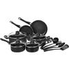 Herzberg HG04241 - Batteria da cucina antiaderente, 13 pezzi, nero, acciaio al carbonio durevole, manici confortevoli, coperchi in vetro temperato, compatibile con tutti i fuochi, lavabile in