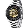 Tiong Orologio da uomo Orologio da polso meccanico automatico scheletrato in acciaio nero dorato per uomo (Argento oro)
